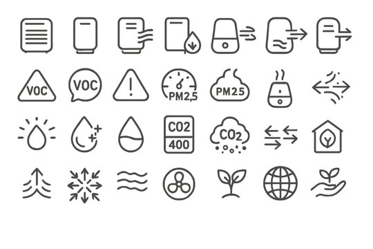 Environmental indicators and icons representing air quality and pollution levels in a simple layout