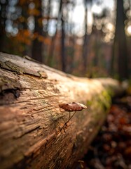 Mushroom on a Log in Autumn Forest.