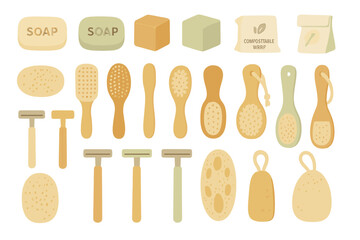 Different types of personal care items and cleaning products arranged on a flat surface