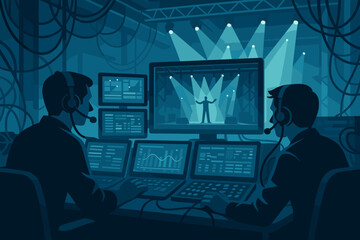 Technicians monitor live performance from control room during event at venue with bright stage lights and audience