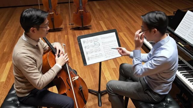 Student cellist and instructor at piano study score together during private studio lesson - teacher pointing at notation - finger placement demonstrations - bow technique practice - wooden