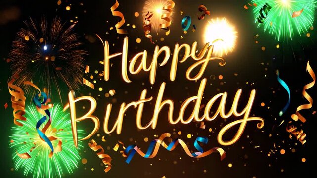 Vibrant festival style wallpaper with dramatic fireworks, swirling ribbons and shiny celebration elements framing large glowing text Happy Birthday in joyful design