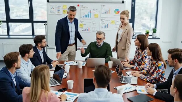 executives presenting quarterly results in boardroom - CEO and finance lead highlight charts on display while team reviews reports around conference table - formal corporate atmosphere