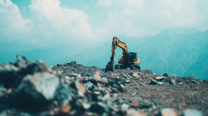 Excavator working on rocky terrain in mountainous area during daytime