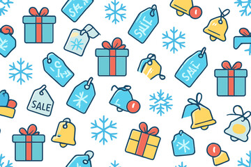 Festive patterns of gifts, tags, and bells with snowflakes in a bright design for holiday shopping events