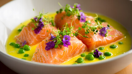 Raw salmon pieces served in yellow sauce with green peas and edible flowers