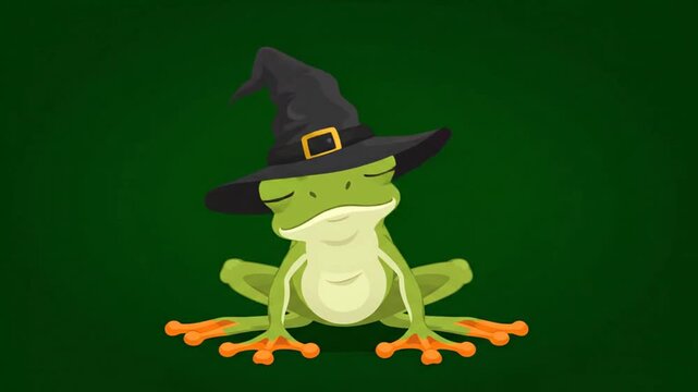 Cartoon frog wearing witch hat against green background for halloween