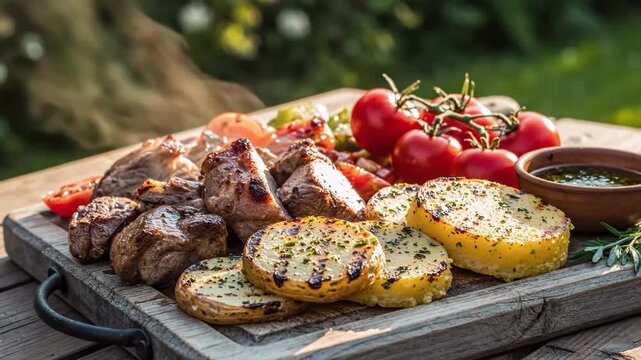 Grilled meat and potatoes with tomatoes on wooden board outdoors
