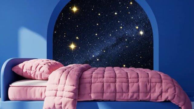 Dreamy bedroom with pink bed facing starry night sky archway