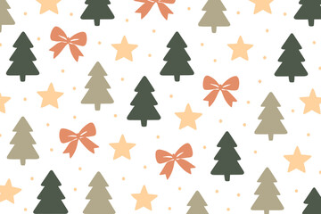 Obraz premium Pattern with Christmas trees, stars, and bows on a light background for holiday decor and design projects during the festive season