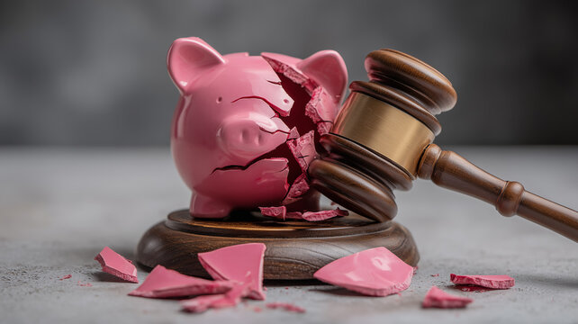 Piggy bank shattered by judge gavel symbolizing financial penalties, debt recovery and bankruptcy consequences.
