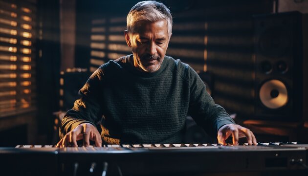 Passionate musician playing an electronic keyboard in a creatively lit studio, perfect for music, entertainment, and artistic concepts