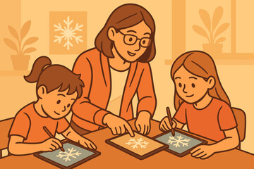 Kids learn to draw snowflakes with a teacher during a creative art class in a bright classroom setting