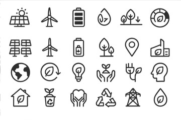 Energy sources and environmental symbols illustrate sustainability and eco-friendly ideas through simple graphic designs
