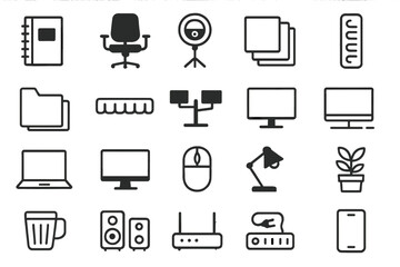 Office items arranged in a grid including chairs, computers, and desks at a workspace for daily tasks