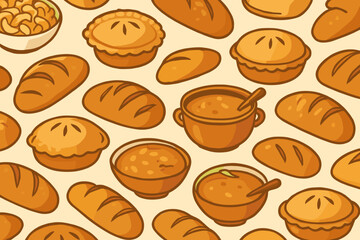 Colorful patterns of various baked goods and dishes on a light background featuring bread, pies, and bowls of soup
