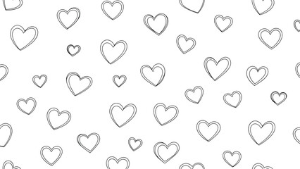 Simple seamless monochrome pattern of scattered hand-drawn outline hearts on a white background, perfect for romantic designs.