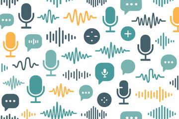 Patterns of microphones and sound waves create an artistic view of audio elements and speech symbols in shades of blue, green, and orange