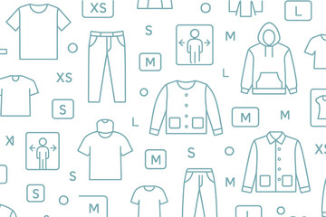 Various clothing items and sizing symbols arranged on a light background for fashion design or retail purposes