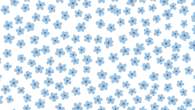 Sweet and simple seamless ditsy pattern of small, scattered light blue flowers on a clean white background.
