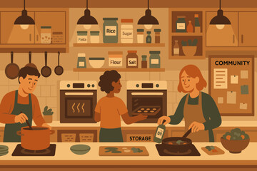 Fototapeta premium Friends cook together in a communal kitchen while preparing food and enjoying the process in a warm setting