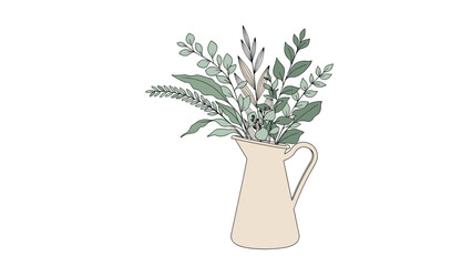 Fototapeta premium Charming illustration of a vintage pitcher filled with a bouquet of green eucalyptus and other foliage in a stitched style.