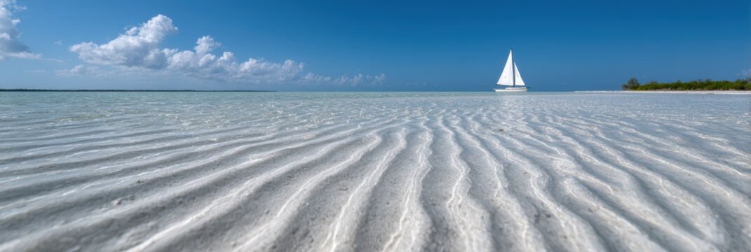 underwater photography, a stunning florida sandbar with clear water, a sailboat on the horizon, and underwater sand ripples, all captured in bright lighting