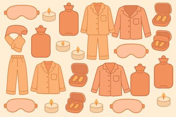 Warm bedtime items for a cozy night of rest with soft pajamas, candles, and comfort essentials