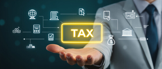 Fototapeta premium Tax payment interface above businessman hand displaying glowing yellow button and financial line icons for online accounting, corporate finance, and revenue planning concepts