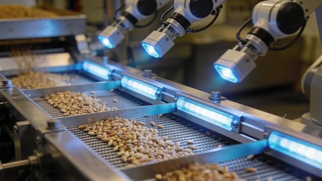 Automated seed‑sorting conveyor with micro‑robotic arms and glowing optical sensors, clean industrial surfaces and warm micro‑lighting, no people, no text, no logos.