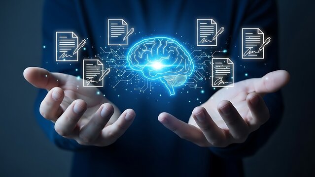Glowing digital brain connected to documents held in hands against dark background