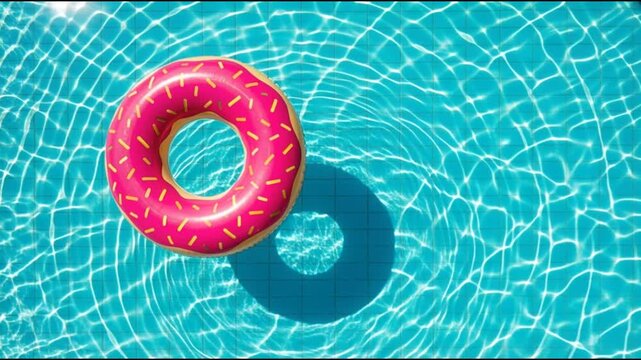 Pink Donut Inflatable Floating on Bright Blue Swimming Pool Water