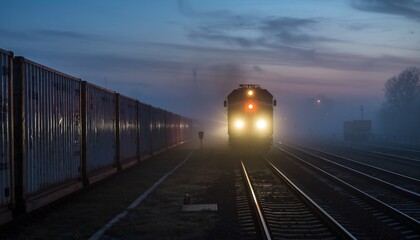 Freight train with bright headlights approaching through thick fog on railway tracks at dawn, symbolizing an early start to logistics and industrial transportation, cargo, shipping, and industry.