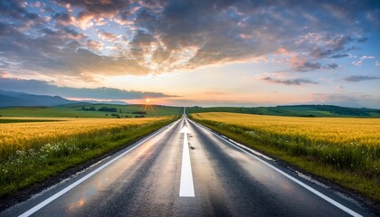 Fototapeta premium Open road with a directional arrow at sunset, symbolizing journey and progress through a golden field, for travel, business, and inspiring concepts.