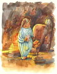 Watercolor Bear in Pajamas by Fireplace with Cat © depiano