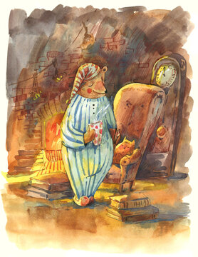 Watercolor Bear in Pajamas by Fireplace with Cat