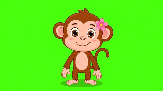 Cartoon monkey smiling with pink flower on green background