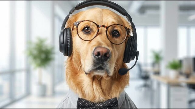 Golden Retriever Agent Wearing Headset and Glasses in Modern Office Space