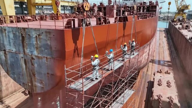 workers on scaffold painting ship hull - wearing helmets and harnesses - applying primer and coating to rusted metal - teamwork in drydock with rigging and cranes in background - closeup