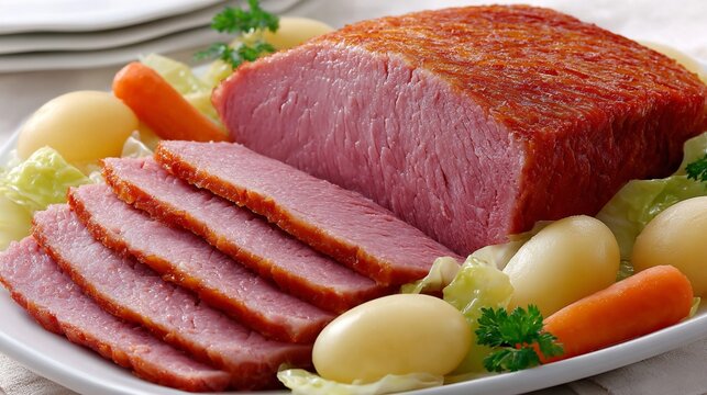 Sliced corned beef served with potatoes, carrots, and cabbage on a white platter