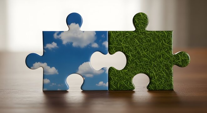 A hand holding a blue and green jigsaw puzzle piece symbolizing teamwork, connection, and a smart solution