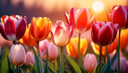 Close Up Of Colorful Tulip Blossoms Bathed In Warm Sunlight