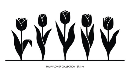 A minimalist arrangement of black tulip silhouettes on a white background stylized design