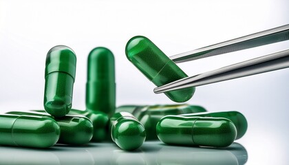 Green Supplement Capsules Held By Tweezers