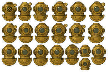 Diving helmets arranged in a grid showing different designs and details from various angles in a collection