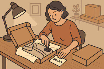 Person stamps shirt and prepares it for packaging at a desk in a simple workspace in the evening