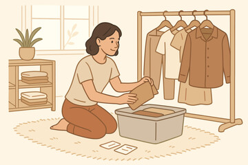Organizing clothes and sorting items in a room with a rack and storage box in the afternoon