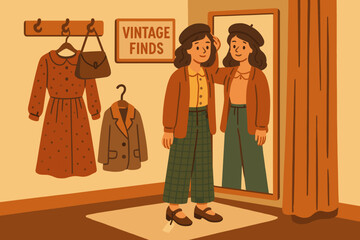 Woman looks at herself in mirror while trying on vintage clothes in a store during daytime in a cozy shopping area