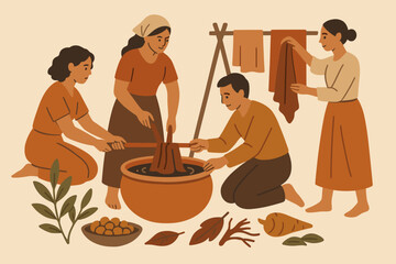 Group of people preparing dye using natural materials in a rural setting during daylight hours