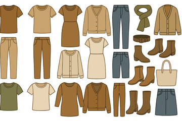 Different types of clothing items shown in a simple layout for casual wear in various styles and colors